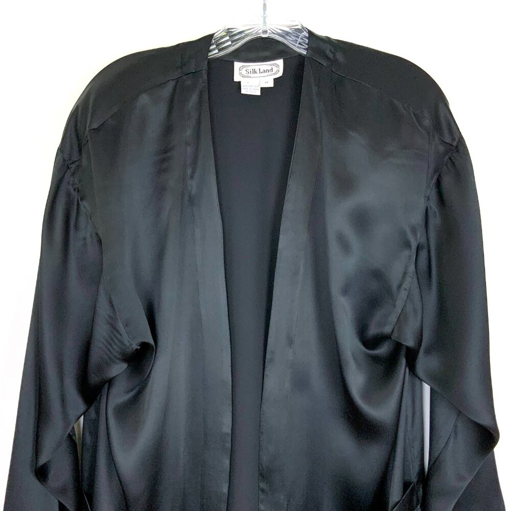 Black Satin Silk Open-Front Jacket Kimono-Style Robe Sz M - Picture 7 of 16